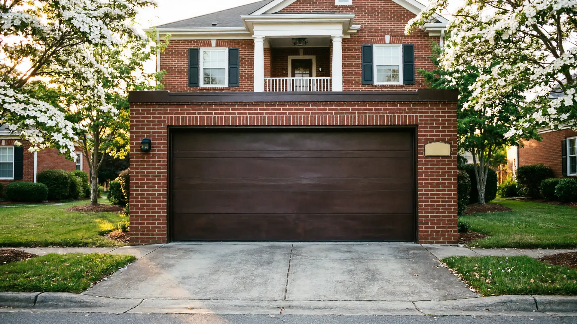 A brick house has a brown garage door and a concrete driveway.