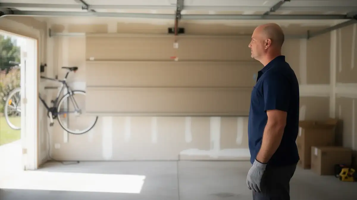 A technician stands in a garage with a partially open garage door.