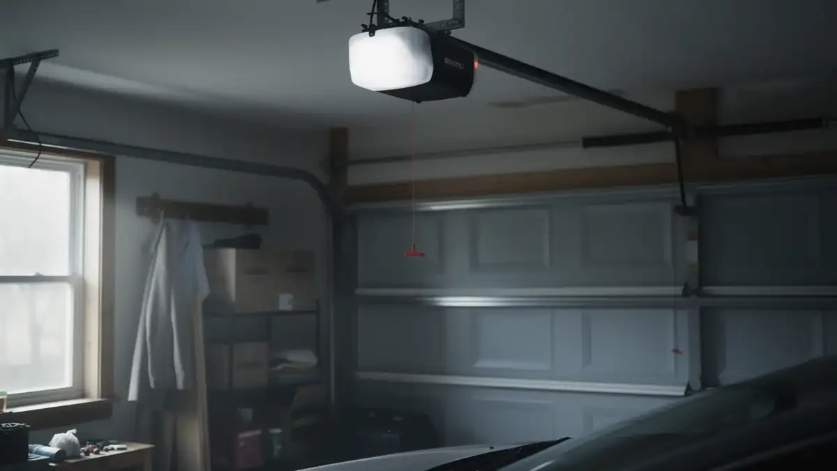 The garage door opener is mounted to the ceiling above a closed garage door.