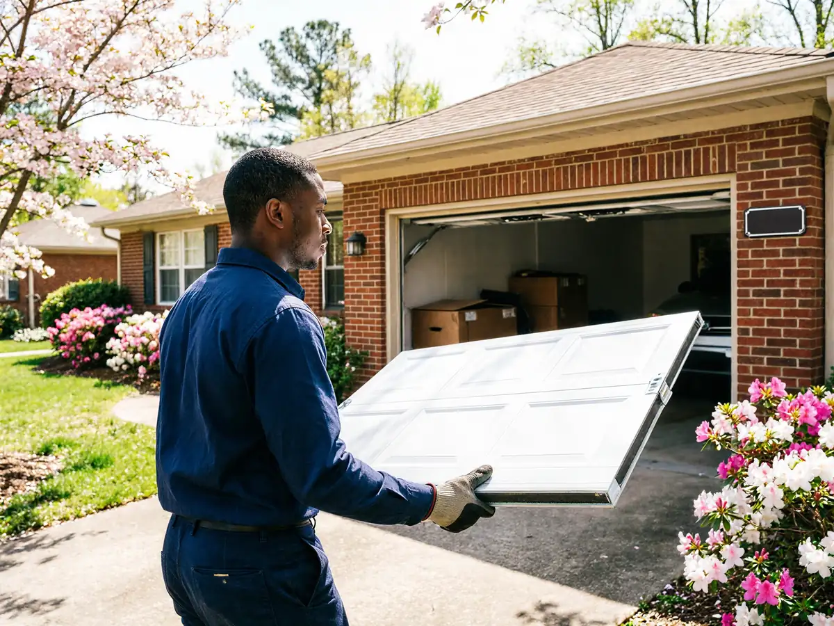 A technician carries a white garage door panel toward an open garage.